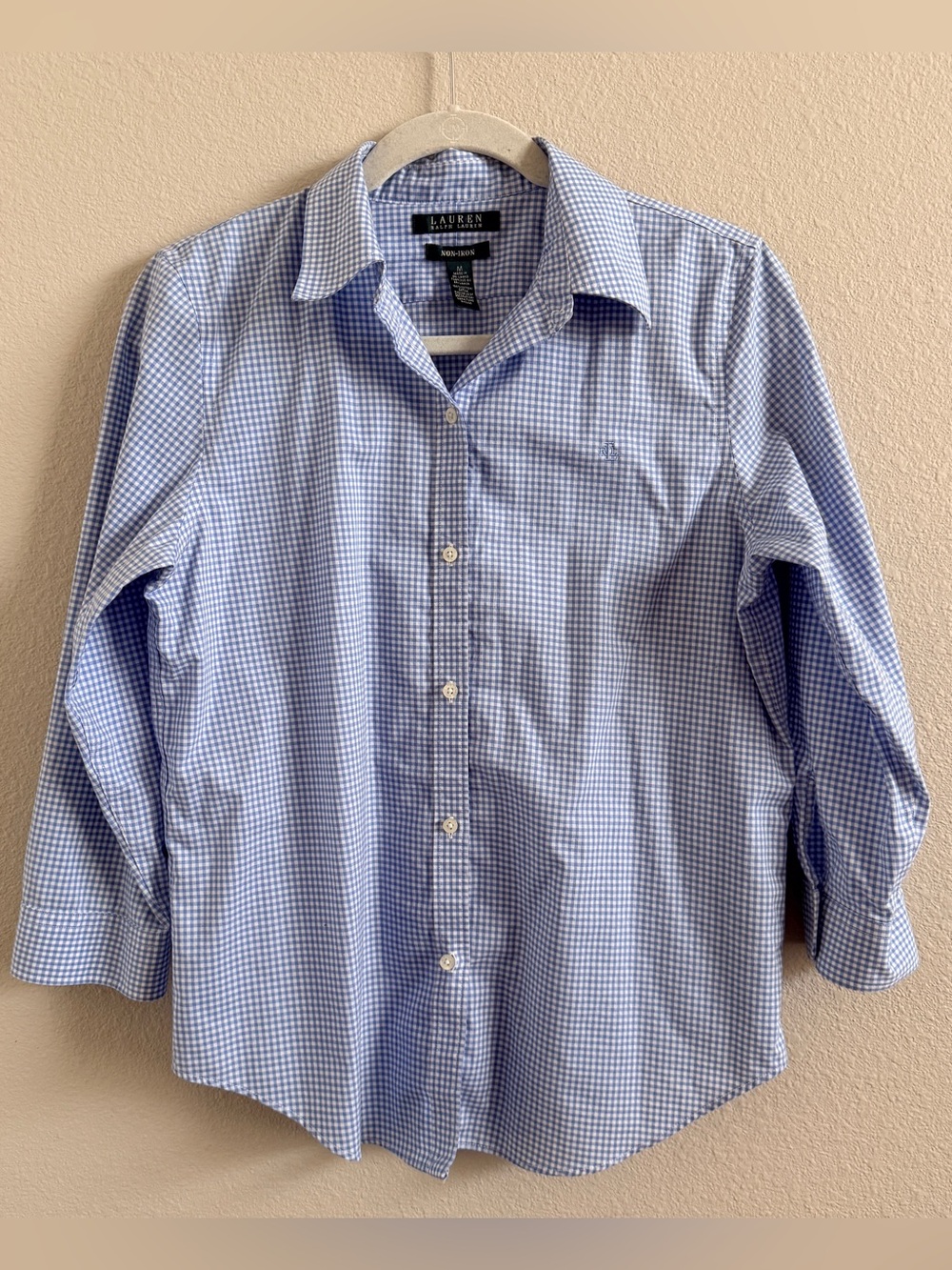 Lauren Ralph Lauren Blue and White Gingham Non-Iron 3/4 Sleeve Shirt